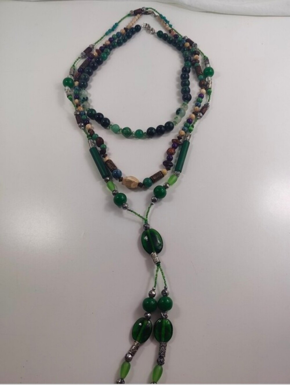 Boho Green Layered Necklace Bundle Jade Agate Jasper Glass Beads Artisan 3 Pc - Picture 5 of 16